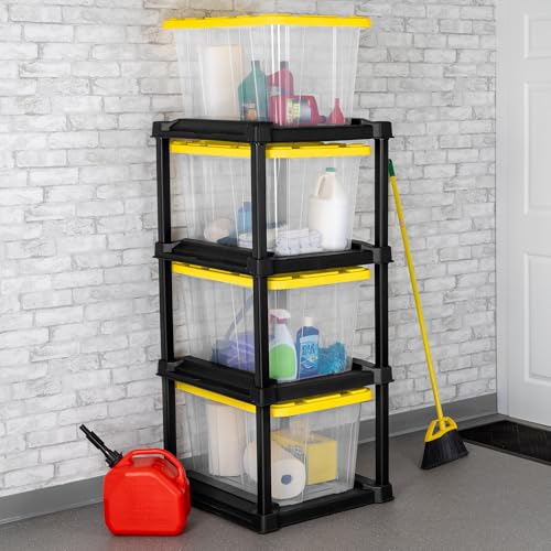 Sterilite 4-Tier Tote Rack & 4-Pack 27 Gallon Storage Box, Shelf and Tote Organizers - Plastic Shelving Unit and Container Bins for Bathroom, Garage, Pantry, Bookshelf, and Bedroom Organization - size: 27 Gallon - Clear/Yellow + Tote Rack