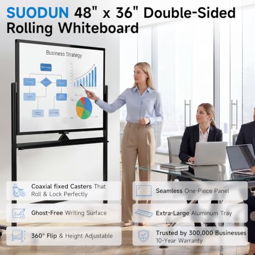 Mobile Rolling Whiteboard on Wheels 48" x 36" Double-Sided Magnetic - color: Black, size: 48X36