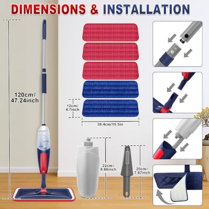 Spray Mops for Hardwood Floor Cleaning: Wet Flat Mop for Wood Tile Laminate - color: Darkblue Red