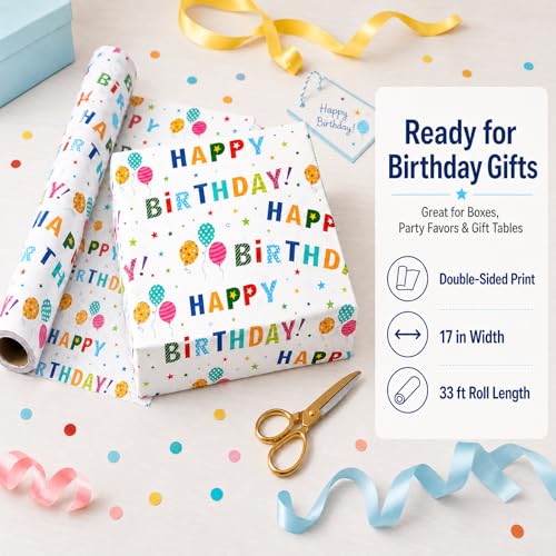 Ulmasinn Birthday Wrapping Paper Roll, Reversible Happy Birthday & Colorful Stars Design, Thick 80gsm Gift Wrap Paper, 17" x 33' Mini Roll for Kids, Teens and Adults, Birthday Gifts, Toys, Books and Party Presents - color: Birthday white