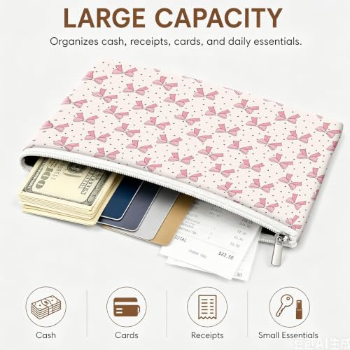 Money Bag with Zipper, Cute PU Leather Cash Bags, Portable Bank Bag Money Pouch for Cash, Coins, Checks, Receipts, Invoices Cosmetics Tools, Deposit Bag for Office Travel, Pink Bow - color: Pink Bow
