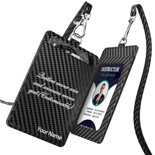 Carbon Fiber Work ID Card Holder with Lanyard, Black Customized - color: Black Customized