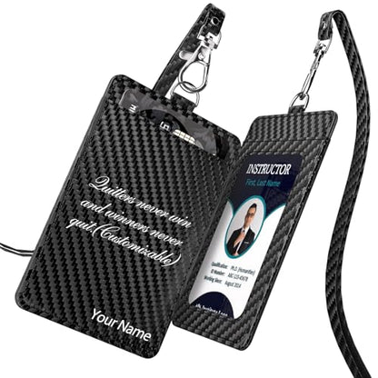 Carbon Fiber Work ID Card Holder with Lanyard, Black Customized - color: Black Customized