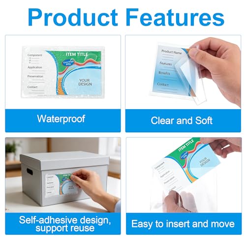 52 Pcs Clear Index Card Holder Self-Adhesive 3"X5" Top Open Label Holder - size: 3*5