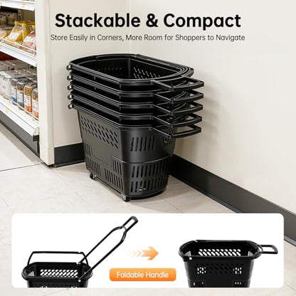 6PCS 35L Shopping Carts with Wheels and Handle, Heavy Duty Plastic Rolling Shopping Basket with Foldable Handle 4 Wheels, Portable Shopping Basket Set for Supermarkets Retail Stores (Black)