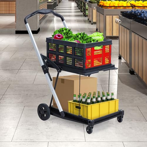 2-Tier Collapsible Aluminum Utility Cart, 198 Lb Capacity, 360° Wheels - color: Red