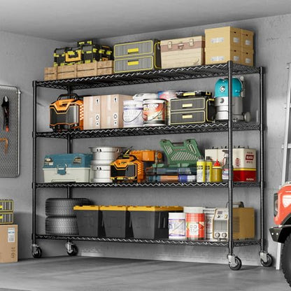 60" W Storage Shelves Wire Shelving withWheels, Heavy Duty Metal Garage Shelving,Adjustable Wire Rack with Liners, Fits 27-Gallon Totes, for Commercial & Warehouse,60" Wx 18" Dx63.78 H - size: 60" W x 18" D x 63.78" H-4 Tier