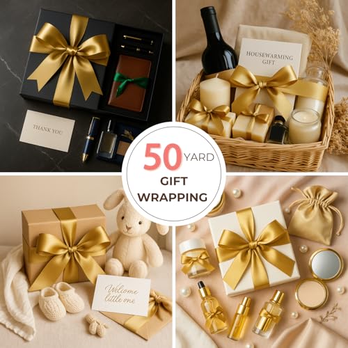 Gold Ribbon 1 1/2 Inch x 50 Yards – Double Faced Luxury Satin Ribbon for Holiday Gift Wrapping, Wedding, Party Bows & Crafts - color: Gold, size: 1-1/2 inch