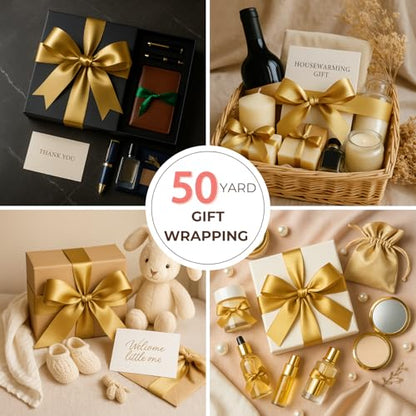 Gold Ribbon 1 1/2 Inch x 50 Yards – Double Faced Luxury Satin Ribbon for Holiday Gift Wrapping, Wedding, Party Bows & Crafts - color: Gold, size: 1-1/2 inch