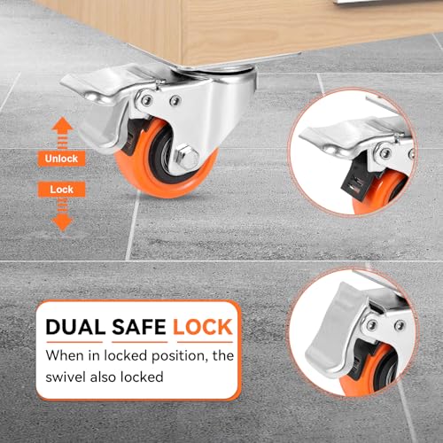W B D WEIBIDA 2" Plate Caster Wheels Heavy Duty 600 Lbs Load Capacity Swivel Casters with Brake Set of 4, Safety Dual Locking, No Noise Wheels for Furniture, Carts (Screws and Screwdriver) - size: 2 INCH
