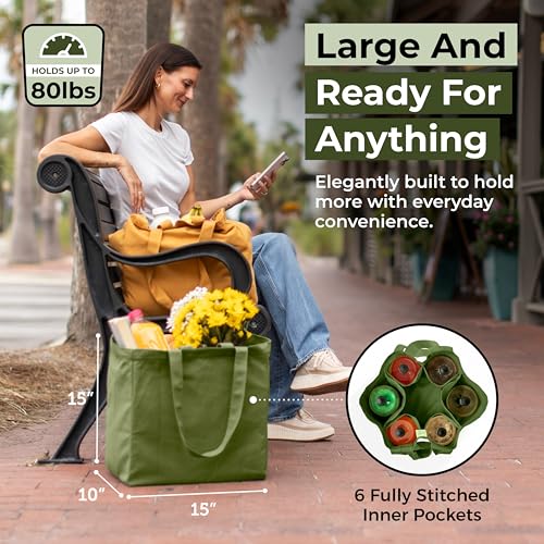 VeraMia Canvas Grocery Bag 3pc XL Set with Real Pockets, Long Shoulder Strap and Short Handle. Heavy Duty, Foldable, Washable - color: Forest