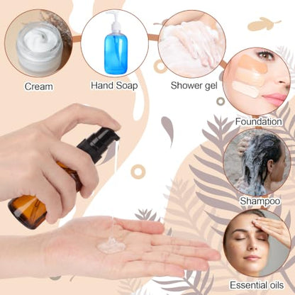 50 Pcs 50ml Empty Refillable Amber Glass Pump Bottles with Clear Top, 6 Funnel, 6 Droppers, Travel Size Cosmetic Dispenser for Cream, Lotion, Sample, Liquids Aromatherapy - color: Amber, size: 50ml