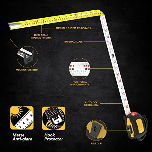 LEXIVON [3-Pack] 25Ft/7.5m AutoLock Tape Measure | 1-Inch Wide Blade with Nylon Coating, Matte Finish White & Yellow Dual Sided Rule Print | Ft/Inch/Fractions/Metric (LX-205X3) - size: 25 ft 3-Pack