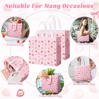 Abbylike 30 Pcs Strawberry Bow Gift Bags Reusable, Large Tote with Handle - style: Strawberry Bow