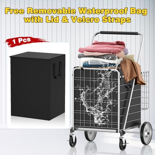 XINGLANG 5.7 Cu Ft Folding Shopping Cart - 600 LB Capacity Grocery Cart with 360° Braked Swivel Wheels - Heavy Duty Utility Cart with Double Basket & Removable Waterproof Liner with Lid for Laundry - color: Silver