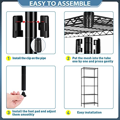 BestOffice | 5-Tier Wire Shelf with Wheels | 16.7" x 11.8" x 47.6" | Black - color: Black, size: 16.7L×11.8W×47.6H