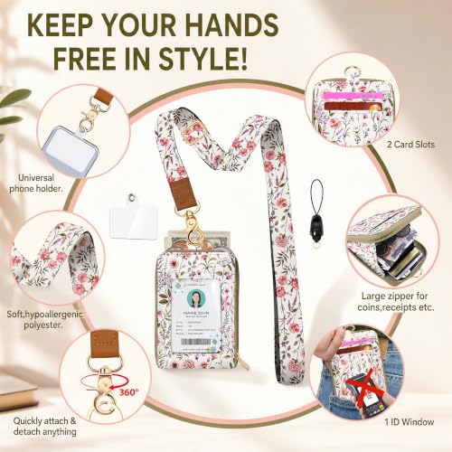 RFID Blocking Lanyard Wallet with Lightweight Card Holder, ID Badge Holder - color: Pink Wildflower