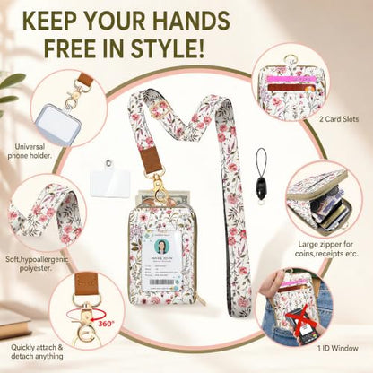RFID Blocking Lanyard Wallet with Lightweight Card Holder, ID Badge Holder - color: Pink Wildflower