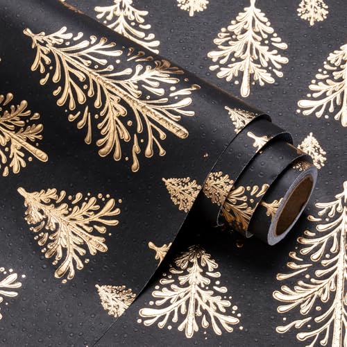 WRAPAHOLIC 3D Kraft Christmas Wrapping Paper Roll - Mini Roll - 17 Inch x 16.5 Feet - Gold and Black Christmas Tree Wrapping Paper with Embossed Perfect for Holiday, Party Celebration - color: Christmas Tree - Black & Gold, size: 17 inch x 16.5 feet