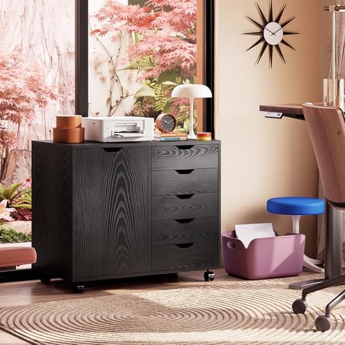 DEVAISE 5-Drawer Wood Drawer Cabinet, Office Storage Cabinet, Black - color: Ebony