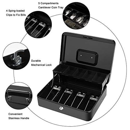 Large Cash Box with Money Tray and Lock Metal 11.8" x 9.4" x 3.54" Black + White
