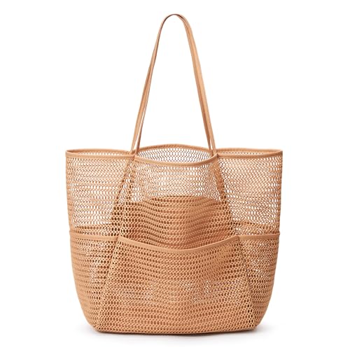 KALIDI Beach Mesh Tote Bag, Casual MAX 23L Summer Foldable Hobo Bag Women - color: Tan