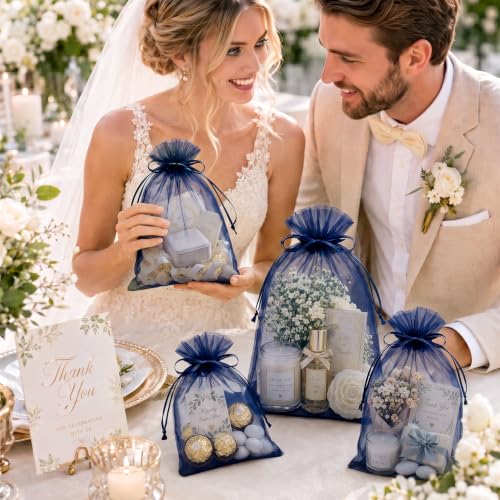 FUNFERY 100PCS Navy Blue Sheer Organza Bags 5x7 in, Goodie Bags Bulk - color: Navy Blue