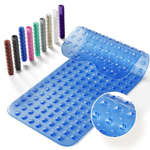 Non-Slip Bath Tub Mat, 39x16 Inch Extra Large Shower Mat with Drain Holes & Suction Cups, Machine Washable, Clear Blue - color: Clear Blue