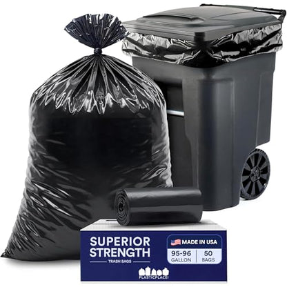 Plasticplace 95-96 Gallon Heavy Duty Trash Bags, Garbage Bags, Puncture-Resistant, Fits Rollaway Cans & Drums, Durable Large Plastic Bags (50 Count) - size: 50 Count