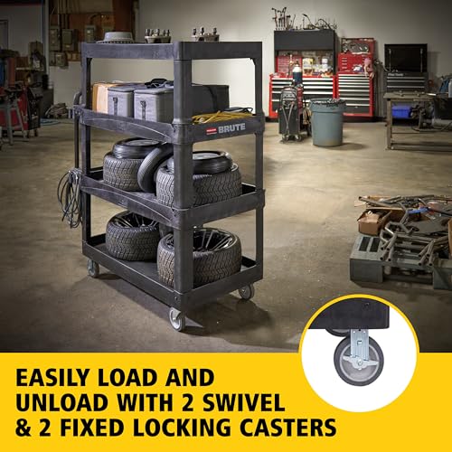 New Rubbermaid Commercial Products 4-Shelf Utility/Service Quad Cart, Heavy Duty Large, Lipped Shelf, Ergonomic Handle, 700 lbs. Capacity, for Warehouse/Garage/Cleaning/Manufacturing (2128657) Black - color: Black, size: Large, style: 4-Shelf