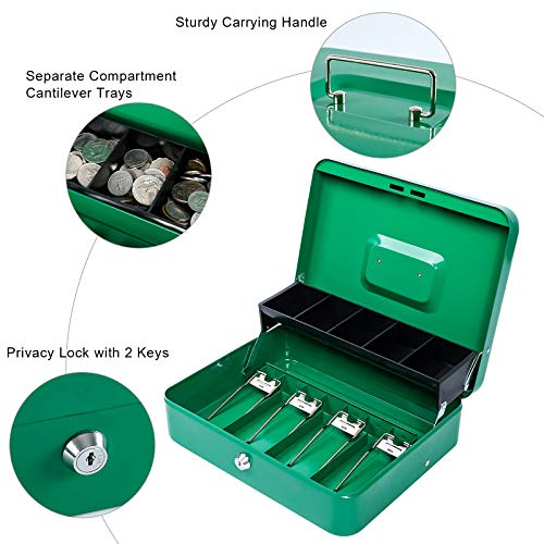 KYODOLED Locking Cash Box with Lock,Money Box with Cash Tray,Lock Safe Box with Key,Money Saving Organizer,11.81Lx 9.45Wx 3.54H Inches,Green XL Large - color: Green