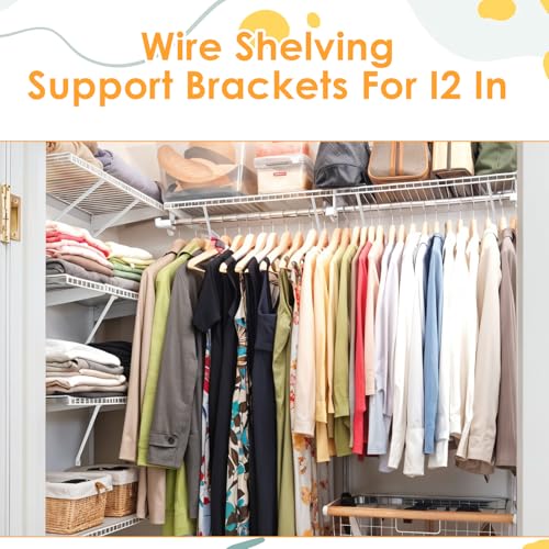 6 Pack Wire Shelf Brackets, Support Brackets for 12 Inch Shelving with Anchors and Screws, Closet Shelving Accessories for Wall Installation White