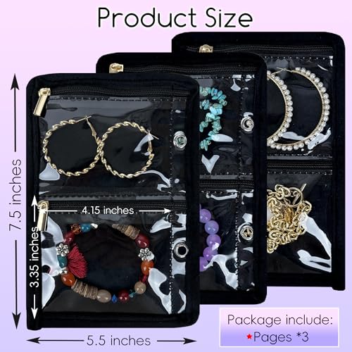 Travel Jewelry Organizer Case,Small Jewelry Bags Jewelry Storage Book Ring Binder with Clear Zipper Velvet Pouch for Traveling (Inner Pages,Black,3 PCS,Medium) - color: Inner Pages,Black,3 PCS,Medium