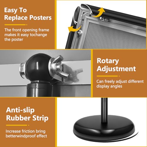 Sign Holder Stand 8.5x11 Inch, Adjustable Sign Stand with 360 Rotated Frame, Floor Standing Sign Holder, Snap-Open Frame Display, Outdoor Indoor Poster Display for advertising, Malls, Black