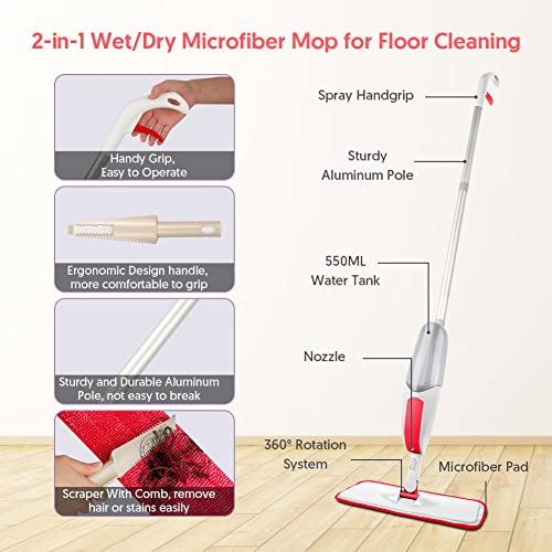 Microfiber Spray Mop for Laminate Floor Cleaning with 3pcs Washable Pads - color: Red