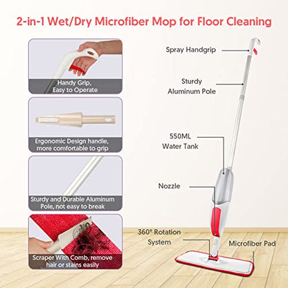 Microfiber Spray Mop for Laminate Floor Cleaning with 3pcs Washable Pads - color: Red