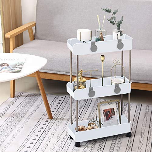 3-Tier Slim Mobile Shelving Unit on Wheels, Slide Out Rolling Bathroom Storage Organizer, Utility Carts Shelf Rack for Kitchen Bathroom Laundry Room Narrow Places, White - color: White - 3 Tier