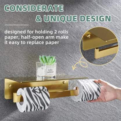 APLusee Brushed Gold Double Toilet Paper Holder with Shelf, Wall Mounted - color: Brushed Dark Gold, size: Double Rod