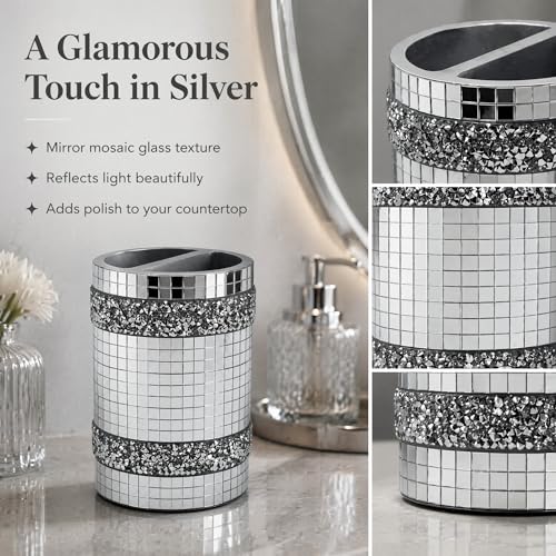 Silver Mirrored Mosaic Glass Toothbrush Holder - size: Toothbrush Holder