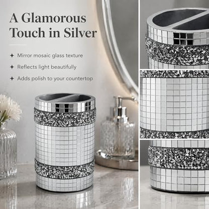 Silver Mirrored Mosaic Glass Toothbrush Holder - size: Toothbrush Holder