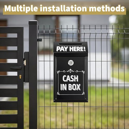 Metal Donation Box with Lock – Wall Mounted Cash Money Box with Slot for Cash Deposit, Hualleko Money Drop with Lock and Slot for Home/Office/Outdoors 10.2 x 5.6 x 2.9 Inch(Black) - color: Black