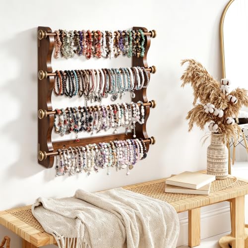 4 Tier Wooden Bracelet Holder Wall-Mounted Bangle Watch Necklace Display - style: 4 Tier Wall Monuted