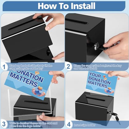 Polmart black Donation Box with Lock - Secure Ballot Box with Removable Sign Holder & 2 Keys - for Money, Cards, Votes, Tickets, Feedback Collection (4.75"D x 6.29"W x 8"H) - color: Black with Sign Holder