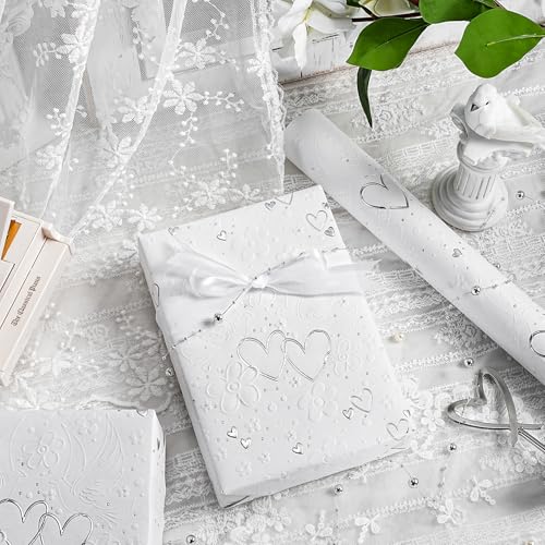 LeZakaa Wedding Kraft Wrapping Paper Roll, Doves Flowers 3D Embossed & Silver Foil Hearts Design Party Gift Wrap for Wedding Bridal Shower Anniversary Mothers Day Birthday,Mini Roll,17 In x 16.4 Ft - color: Silver hearts, size: 17 in x 16.4 ft