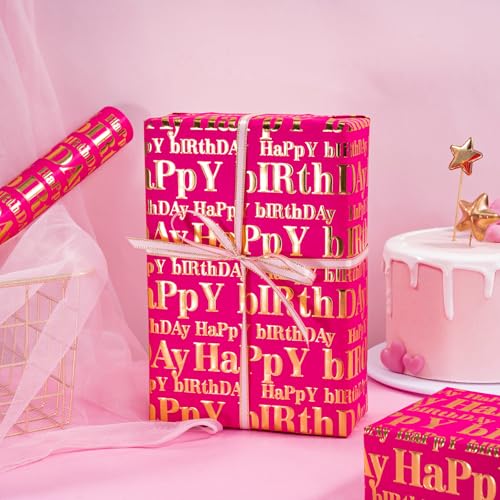 WRAPAHOLIC 3D Kraft Birthday Wrapping Paper Roll - Mini Roll - 17 Inch x 16.5 Feet - Gold and Hot Pink Happy Birthday Wrapping Paper with Embossed Perfect for Girls Women, Holiday, Party - color: Hot Pink & Gold Happy Birthday, size: 17 inch x 16.5 feet
