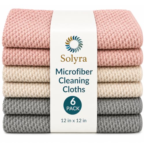 Solyra Non-Toxic Microfiber Kitchen Cleaning Cloths, 6 Pack, 12 x 12 in