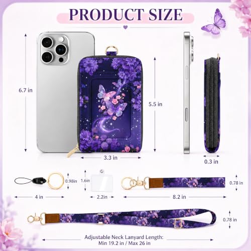 Lightweight ID Badge Holder with Lanyard Card Holder, RFID Wallet Lanyard - color: Purple Butterfly