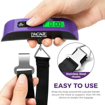 BAGAIL Digital Luggage Scale, 110lbs Hanging Baggage Scale with Backlit LCD Display, Portable Suitcase Weighing Scale, Travel Luggage Weight Scale with Hook, Strong Straps for Travelers - color: Purple