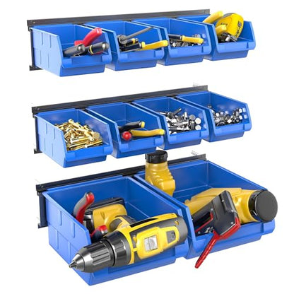 WALMANN Wall Mounted Storage Bins for Small Parts, 10 Bins with 3 Rails - color: Blue