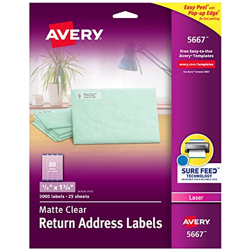 Avery Printable Return Address Labels with Sure Feed, 0.5" x 1.75", Matte Clear, 2,000 Blank Mailing Labels (05667) - size: 1/2 inch × 1-3/4 inch (Single Pack), style: 2,000 labels